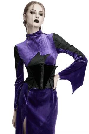 Gothic bat waist corset belt with velvet and PU panels, worn by model in left three-quarter view, featuring black zipper closure and purple velvet dress pairing