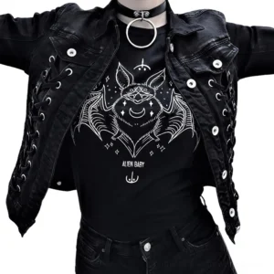 Gothic bat t-shirt styled with black lace-up denim vest, choker necklace, and alien baby text graphic