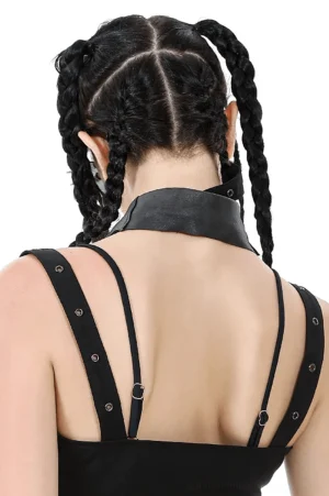 Bat wing choker rear view on model with braided hair, showing back strap and crop top pairing