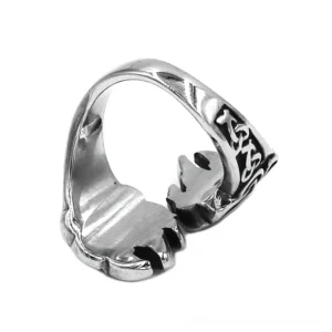 Open bear claw ring with Nordic rune engravings, gothic stainless steel design, back side view