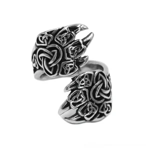 Bear claw gothic ring with Triquetra knot engravings, vintage silver stainless steel, top oblique view