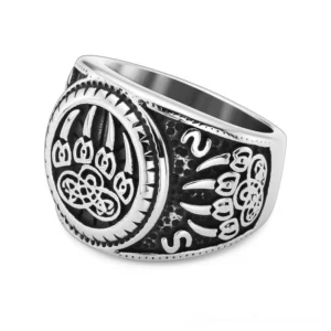 Bear paw celtic knot gothic signet ring - left oblique view showing engraved details and vintage silver-black stainless steel finish