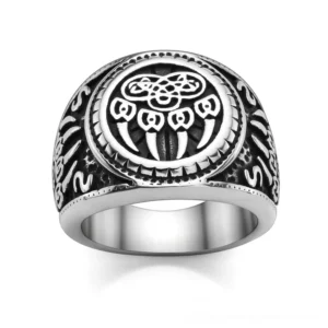 Nordic bear claw talisman ring front view - intricate celtic knot pattern engraved on polished stainless steel signet