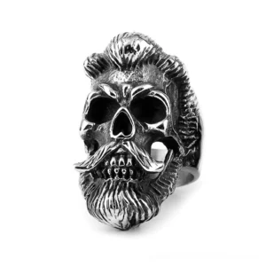 Bearded gentleman skull ring with carved mustache and beard details in vintage silver stainless steel, frontal close-up view