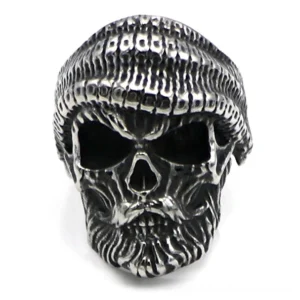 Bearded skull sterling silver gothic ring with knit beanie, front flat view on white background showing hand-carved details and antiqued silver finish