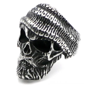 Bearded skull gothic ring with knit beanie three-quarter view showing antique silver finish and detailed beard texture
