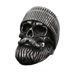 Bearded skull biker ring left three-quarter view showing antique silver finish and carved facial hair details on gothic statement jewelry