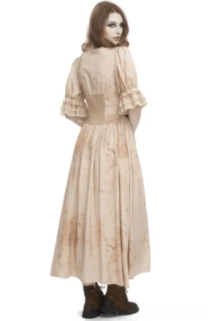 Back view of beige gothic maxi dress with shirred waist panel and gathered puff sleeves, showing intricate construction detail