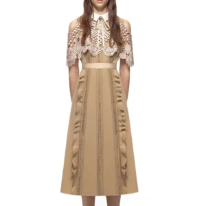 Beige vintage gothic lace cold-shoulder midi dress with cape sleeves and white collar, front studio view
