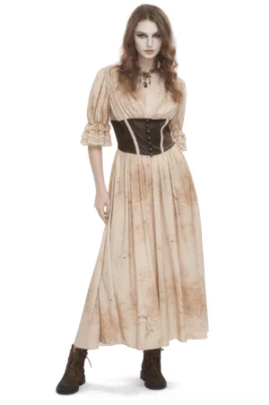 Beige gothic puff sleeve deep V-neck maxi dress front view worn by model, showcasing dramatic neckline and voluminous sleeves