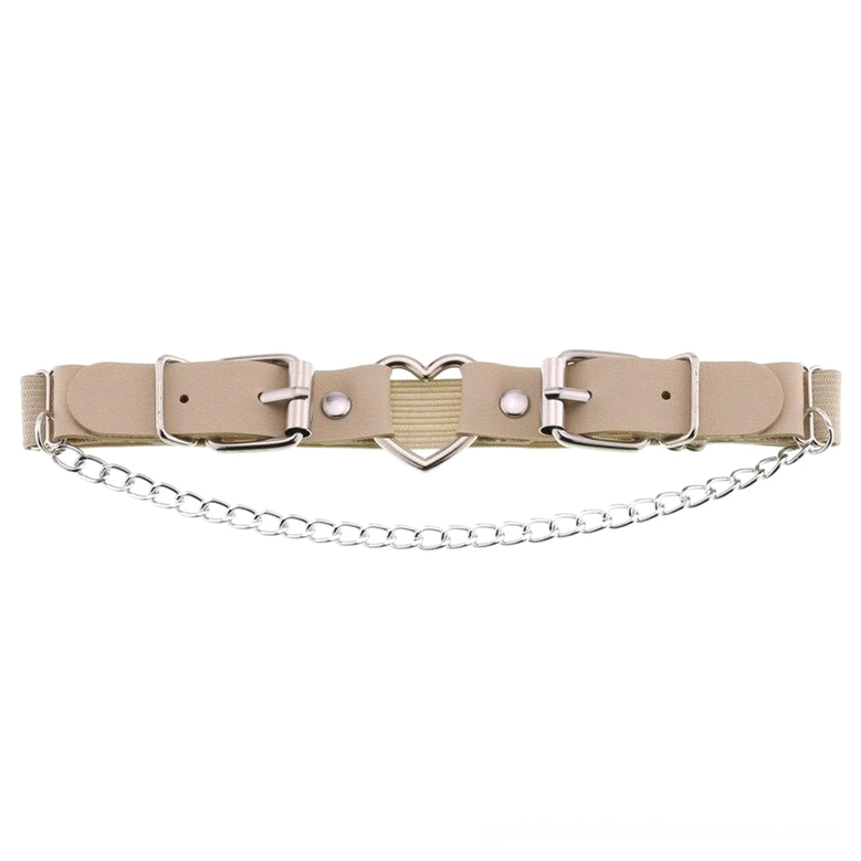 Beige khaki adjustable garter belt with heart buckle and silver chain accent, alternative fashion accessory