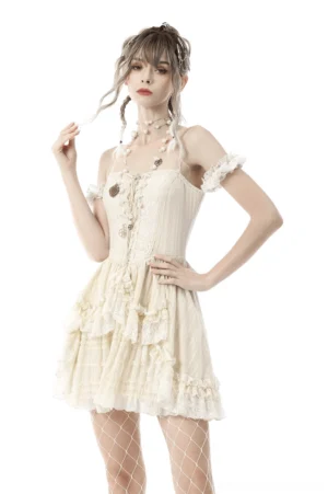 Women's beige off-shoulder lace mini dress with ruffled layers - front view on model showing off-shoulder neckline and floral lace detail