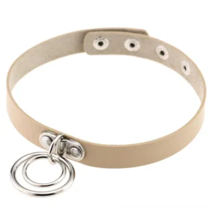 Beige adjustable PU leather gothic choker with double metal ring pendant and snap closure