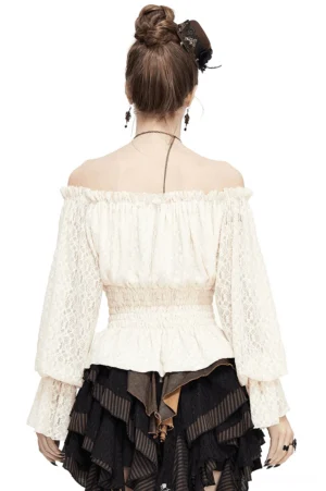 Back view of off-shoulder beige gothic lace top showing exposed back, flared lace cuffs, and shirred waist detail on model against white backdrop