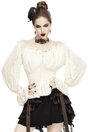 Off-shoulder beige gothic lace blouse with bell sleeves and lace-up front, worn by model with gothic styling on white studio background, front view