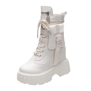 Beige PU leather platform combat boots with lace-up closure and decorative side strap, right front view