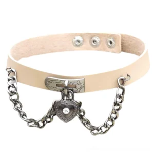 Beige tan PU leather gothic choker necklace with heart-shaped lock pendant and silver chain - front view