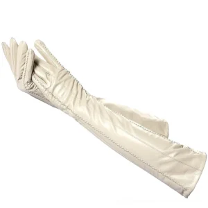 Beige genuine leather long gloves flat lay and side view, soft supple sheepskin texture ideal for gothic fashion