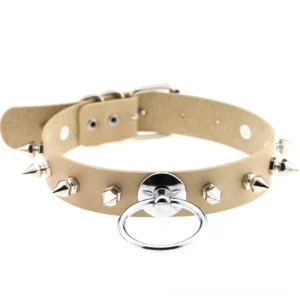 Tan beige studded leather punk choker with metal cone spikes and central O-ring adjustment front view