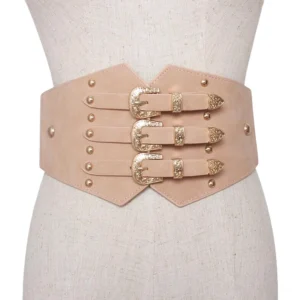 Beige wide PU leather corset belt with triple gold buckles and industrial rivet details on mannequin torso