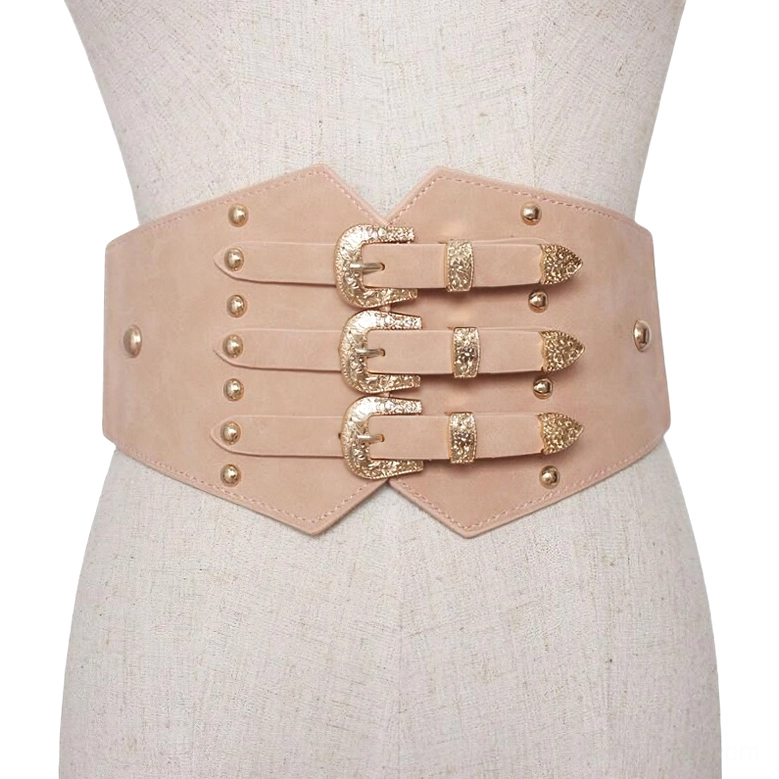 Beige wide PU leather corset belt with triple gold buckles and industrial rivet details on mannequin torso