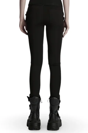 Black gothic leggings rear view featuring functional back pockets and faux leather hip straps