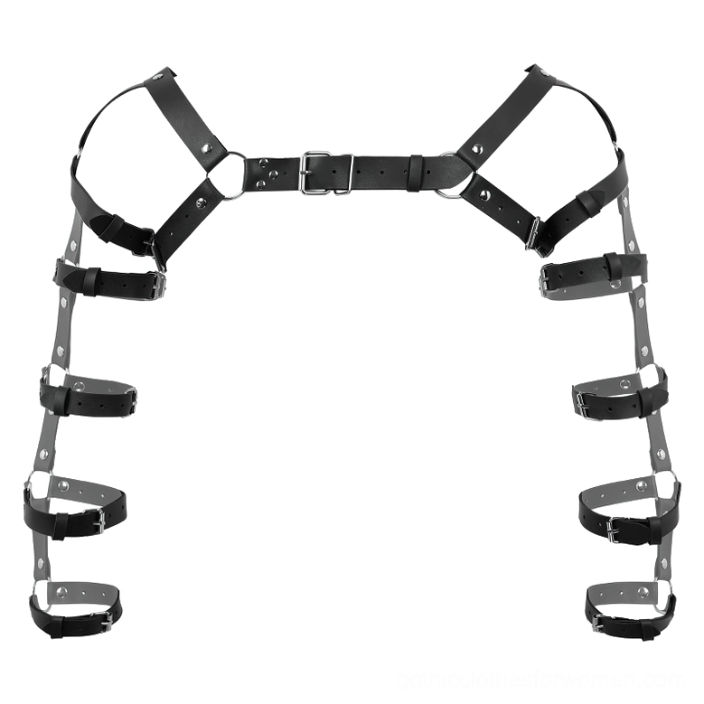 Black adjustable body harness flat lay view on neutral background, displaying complete chest-to-wrist coverage