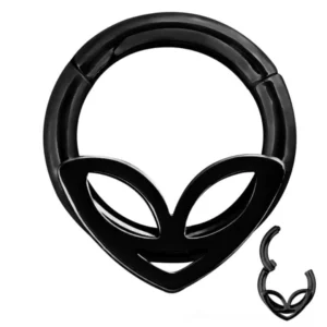 Black polished stainless steel alien nose clicker ring flat lay product shot showing extraterrestrial face cutout design