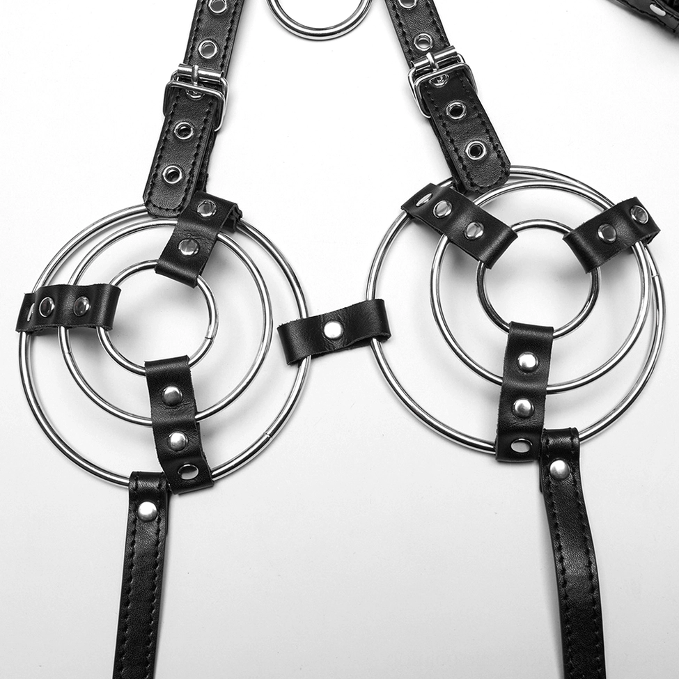 Alternative body harness in black leather with metal hardware showcasing gothic fashion aesthetic for women