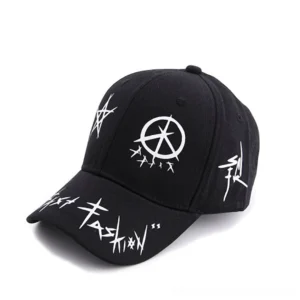 Black graffiti snapback baseball cap with anarchist punk prints and metal snap closure, studio view