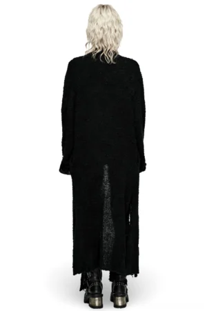 Black gothic cardigan back view showing rear side slit hem and long sleeve design