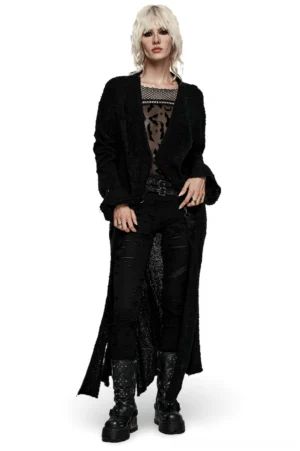 Black asymmetric wool-blend gothic cardigan front studio view with side slit detail on blonde model