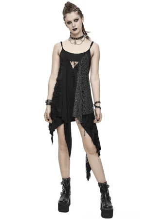 Black asymmetric gothic slip dress front three-quarter view showing lace splicing and asymmetric handkerchief hem on model