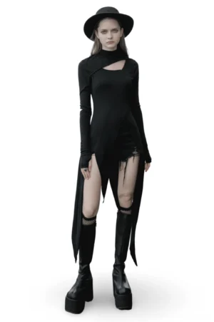 Black asymmetric gothic knit dress with cutout sleeves - front view on model showing high-low hemline and chest cutout
