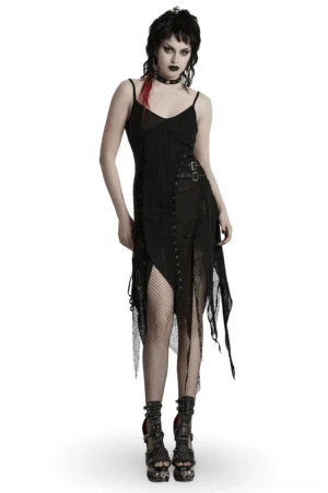 Black asymmetric gothic lace slip dress with corset back detail and metal eyelets front view worn by model