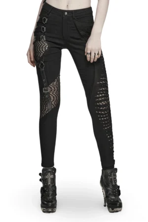 Black asymmetric gothic pants front three-quarter view showing mesh lace-up detailing and buckle straps on model