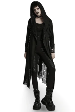 Black asymmetric hooded gothic cape front view on model showing mesh hem and distressed knit fabric
