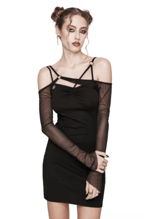 Black asymmetric mesh sleeve gothic mini dress front view on model - bodycon fit with sheer mesh sleeves