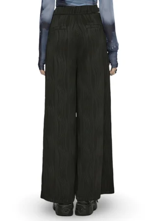 Black gothic wide leg pants back view - full length rear silhouette showing decorative hip pockets and wavy knit pattern on dark trousers