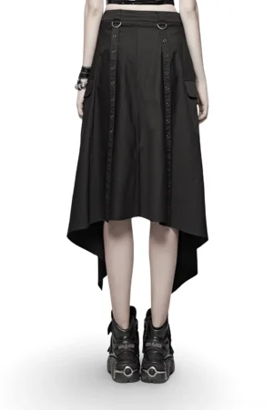 Back view of black asymmetrical cargo mini skirt on model displaying high-low hem design with side cargo pockets and gothic edge