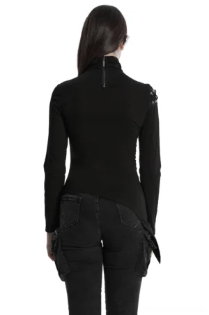 Black asymmetrical gothic mesh sweatshirt rear view displaying exposed back zipper, metal hardware details, and asymmetric curved hem on model