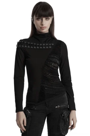 Black asymmetrical gothic mesh sweatshirt with metal hardware and turtleneck, front full-body view on model showcasing the punk-inspired silhouette and contrast mesh panels
