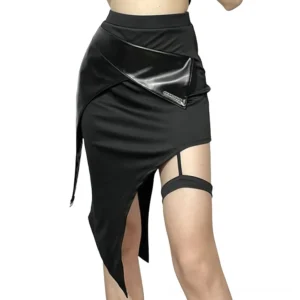 Black asymmetrical patchwork gothic mini skirt with patent leather thigh strap and irregular hem, front three-quarter view on model