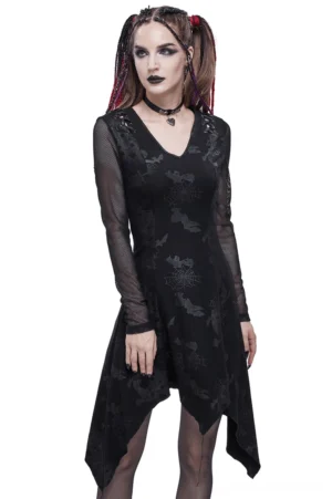 Women's black asymmetrical gothic punk dress with V-neck mesh sleeves and drawstring details, front view on model