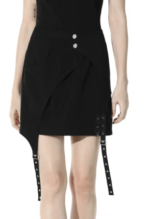 Black asymmetrical gothic mini skirt front view with button waist detail and side straps