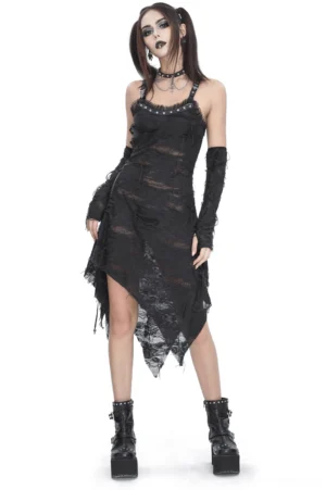Black asymmetrical ripped gothic dress with long gloves front view on model with twin ponytails, studded straps and torn lace details
