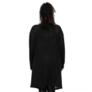 Back view of black gothic asymmetrical cardigan displaying large skull lace embroidery motif and semi-sheer knit texture against studio background