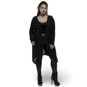 Black asymmetrical skull lace knit cardigan worn by plus-size female model, front full-body view showcasing gothic style with irregular hem and sheer knit fabric
