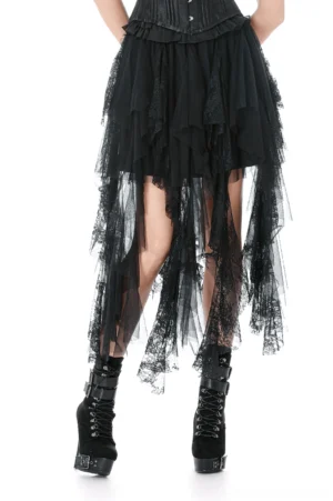 Black asymmetrical tulle lace skirt front view showing layered ruffled hem with sheer tulle trim