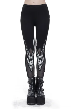 Black gothic leggings with white Baphomet print worn by model, front view with mesh leg panels and platform boots